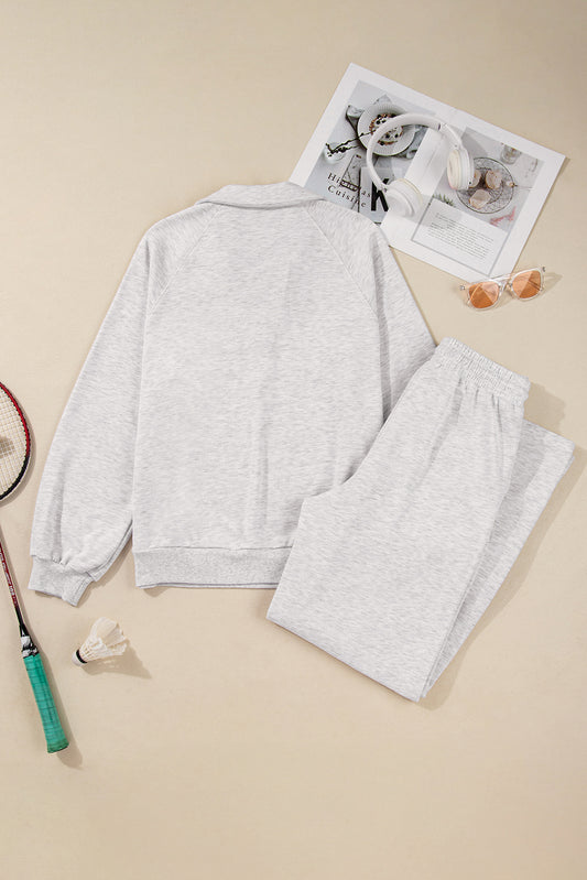 Light Grey Polo Collar V Neck Pullover and Drawstring Sweatpants Set