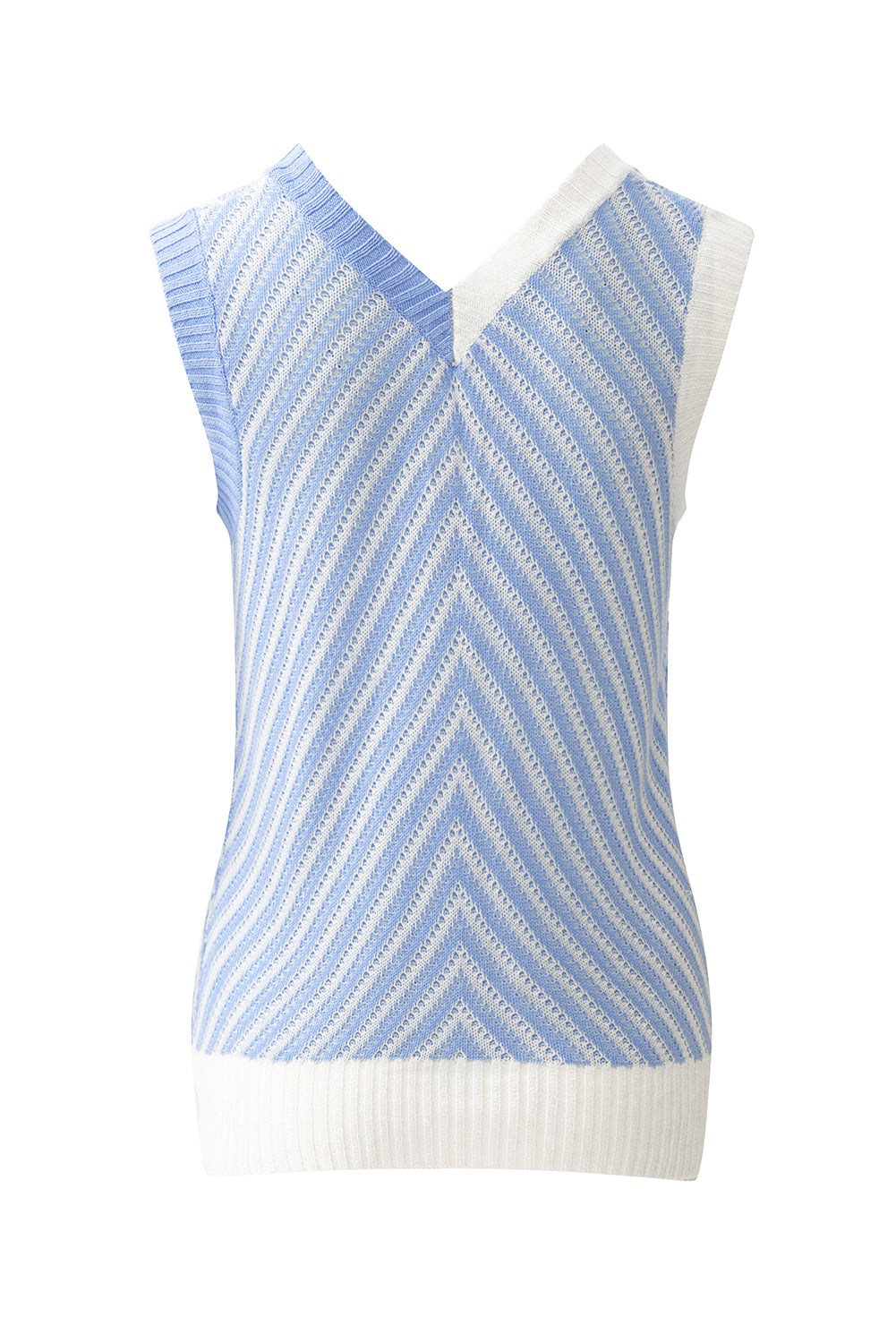Sky Blue Contrast Chevron Knit V Neck Sweater Vest