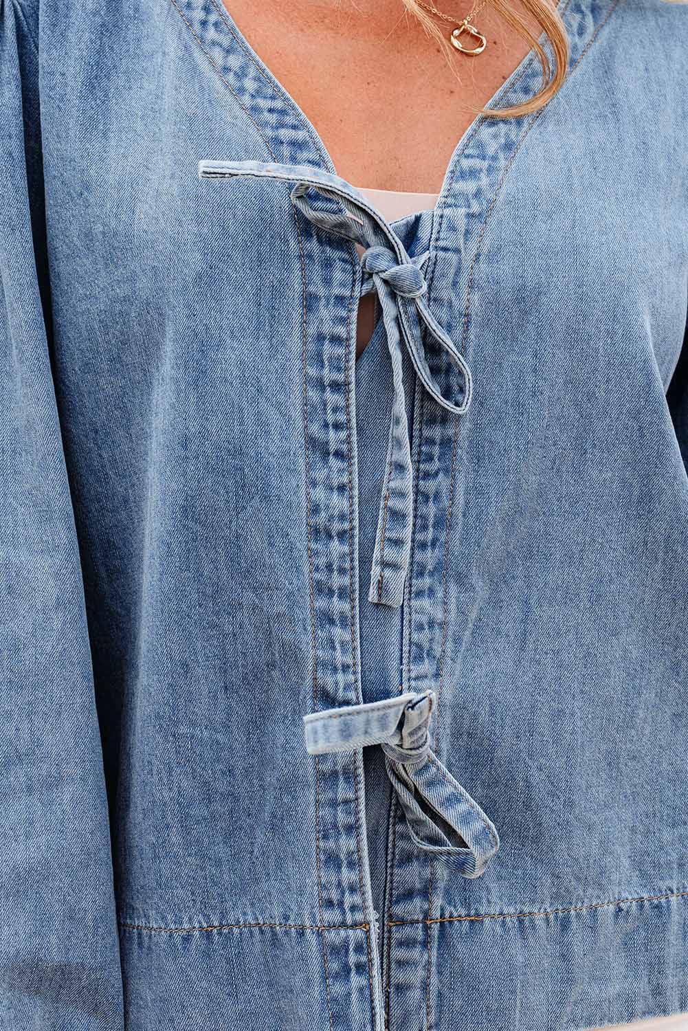 Dusk Blue Tied Front Long Puff Sleeve Denim Top