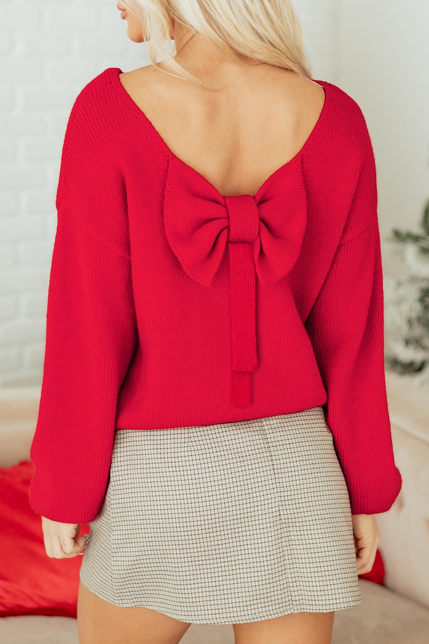 Fiery Red Festive Bow Backless Bubble Sleeve Sweater