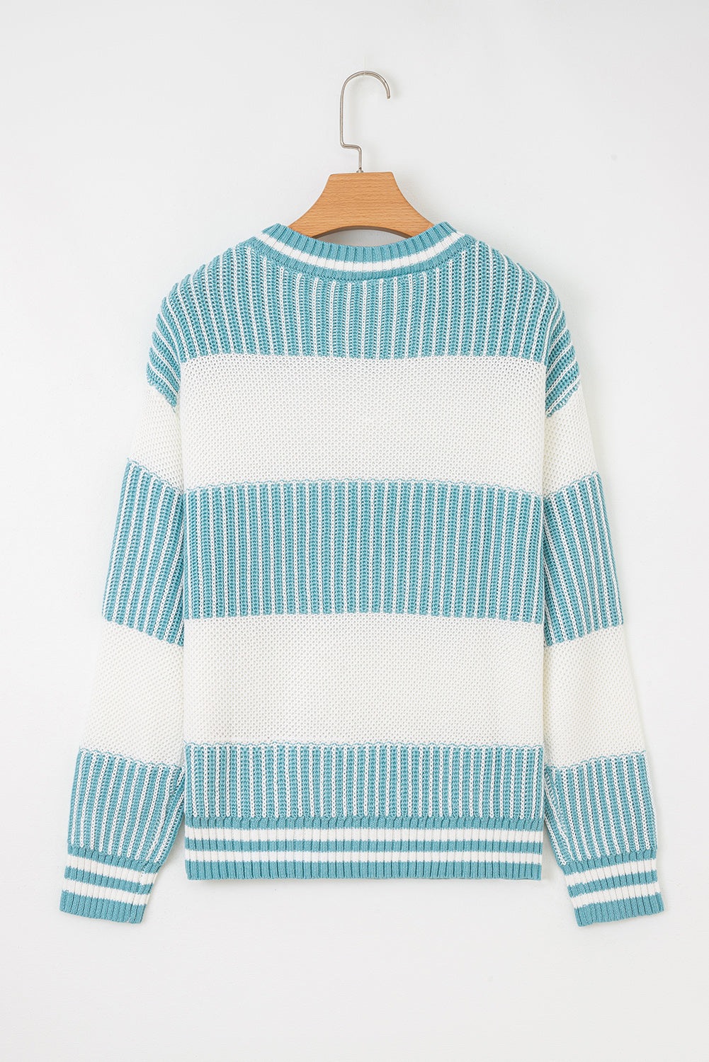 Light Blue Two Tone Striped Patchwork Drop Shoulder Loose Sweater
