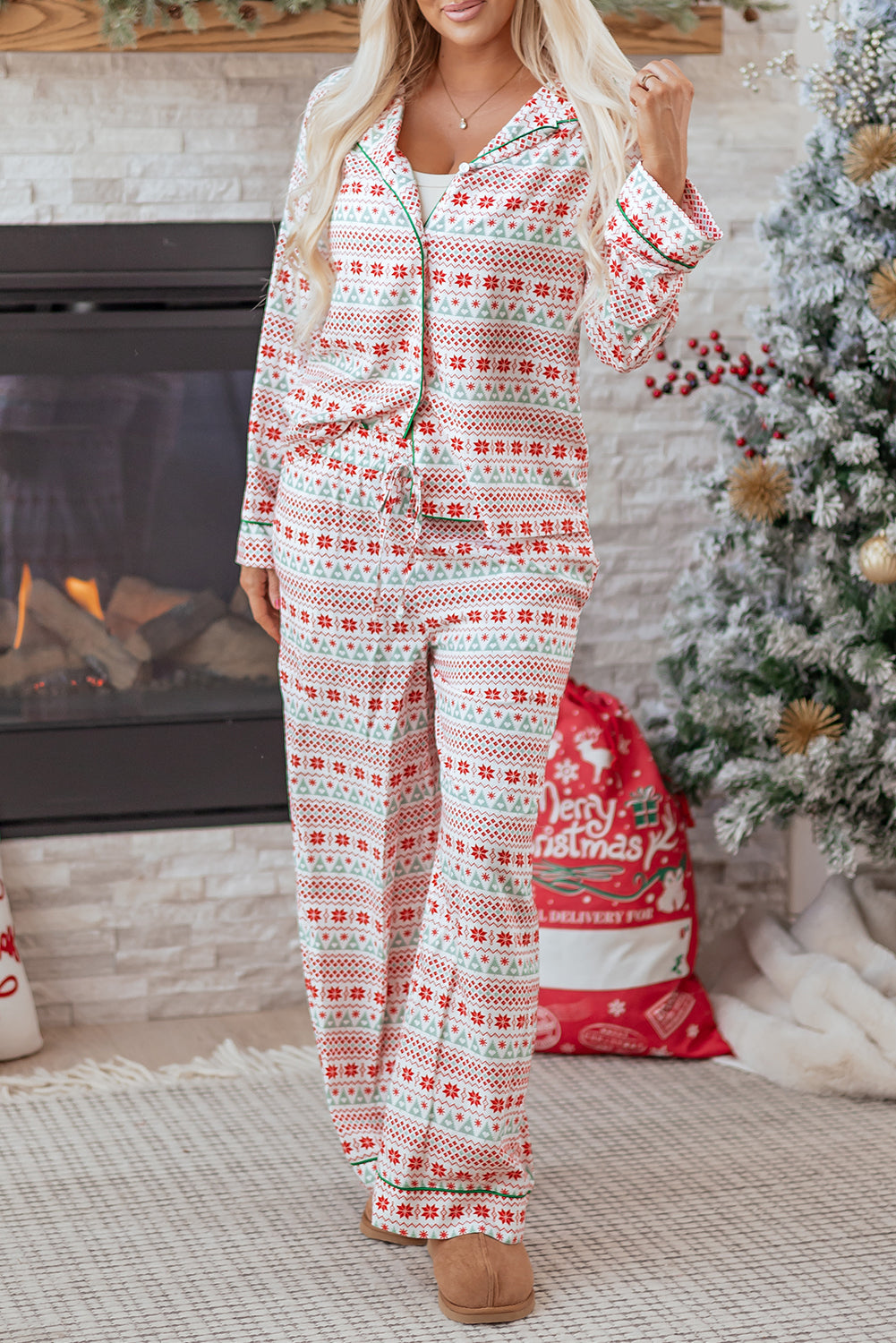 White Christmas Pattern Print Shirt Style Long 2pcs Pajama Set