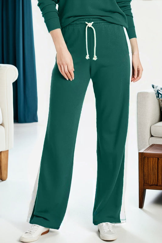 Sea Green Solid Color Pullover Top Varsity Stripe Detail Loose Drawstring Pants Set