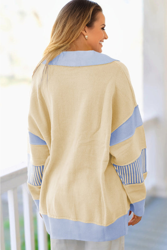 Sky Blue Stripe Contrasting Polo Collar Color Block Knit Drop Shoulder Sweater