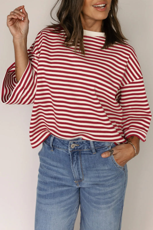 Red Stripe Bowknot Cutout Back Drop Shoulder Wide Bracelet Sleeve Loose Tee