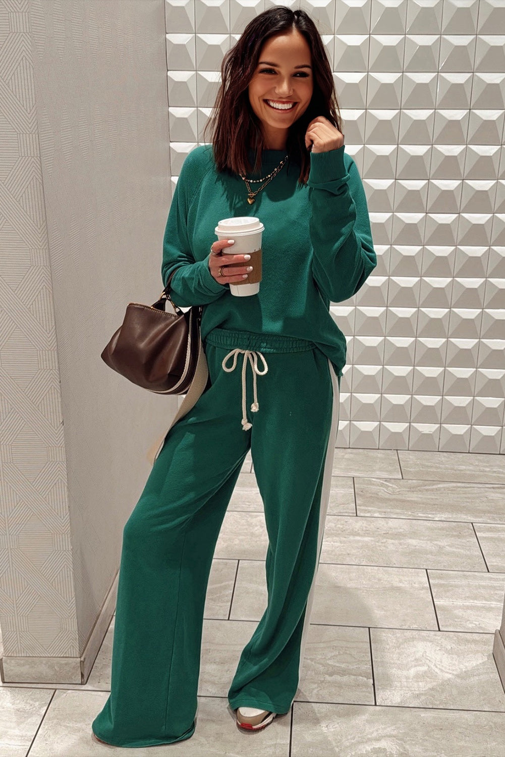 Sea Green Solid Color Pullover Top Varsity Stripe Detail Loose Drawstring Pants Set