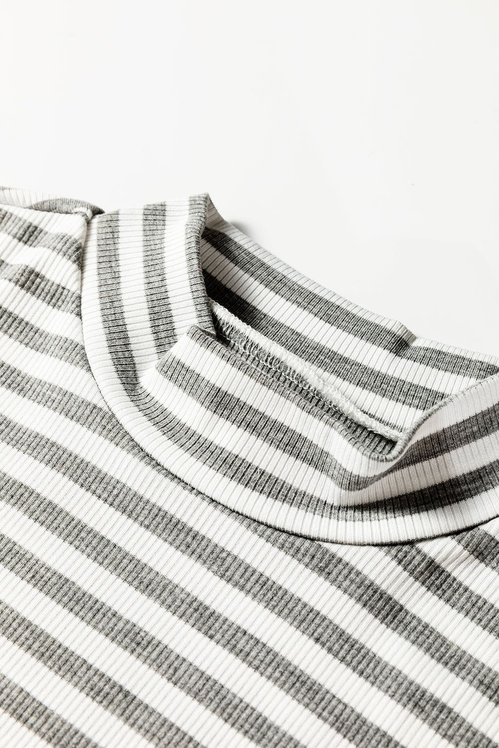 Gray Stripe Ribbed High Neck Slim Fit Long Sleeve Top