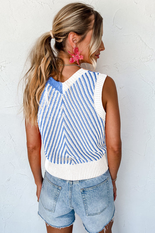 Sky Blue Contrast Chevron Knit V Neck Sweater Vest