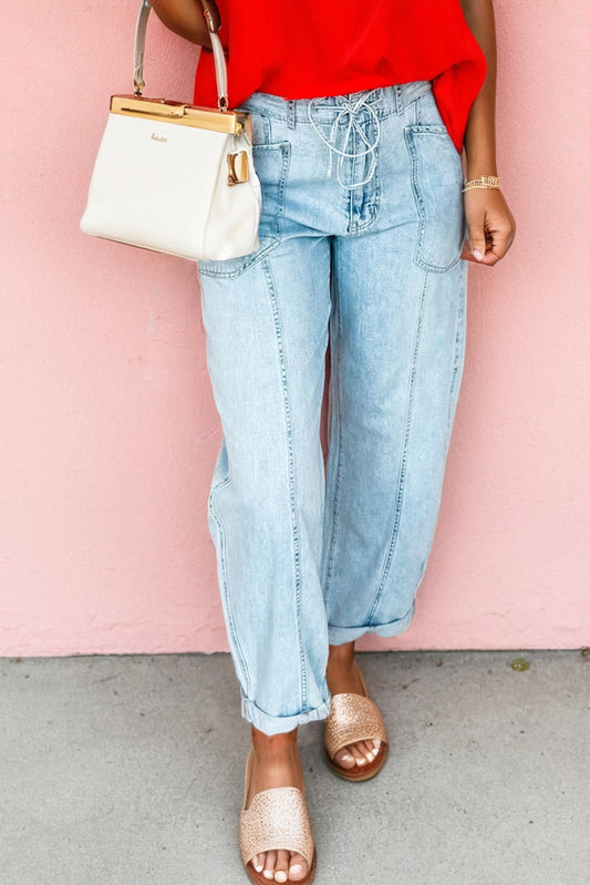 Myosotis Exposed Stitch Detail Drawstring Barrel Jeans