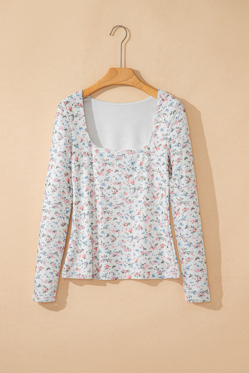 White Floral Print Textured Square Neck Slim Fit Long Sleeve Top