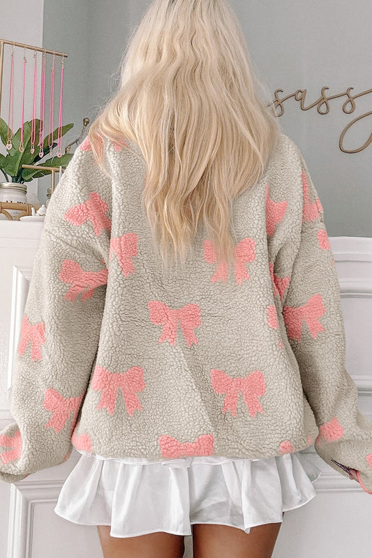 Gray Bow Sherpa Quarter Zip Drop Shoulder Baggy Sweatshirt