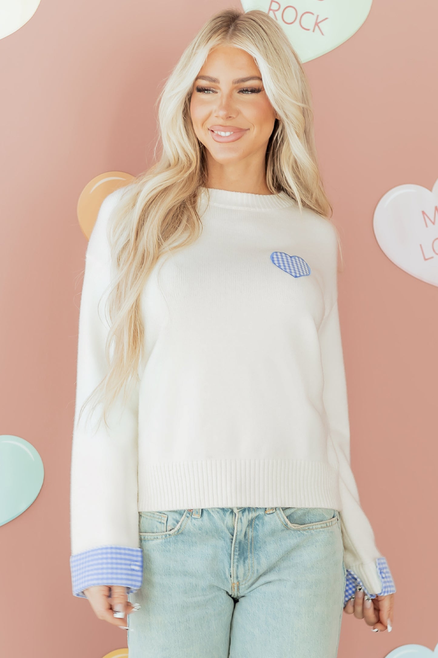 White Plaid Heart Embroidered Cuffed Drop Shoulder Crew Neck Sweater