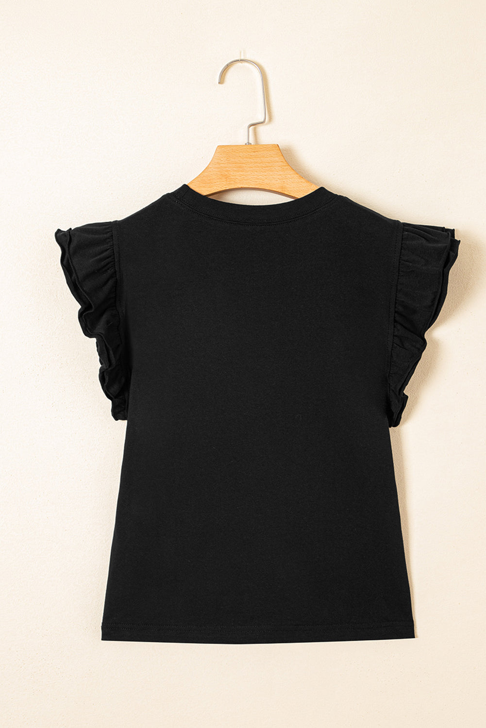 Black Ruffled Crew Neck Slim Fit Top