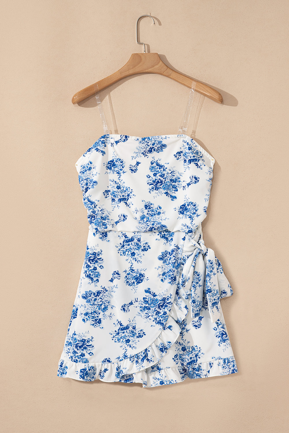 Sky Blue Floral Print Strapless Zipped Back Knot Waist Ruffled Romper