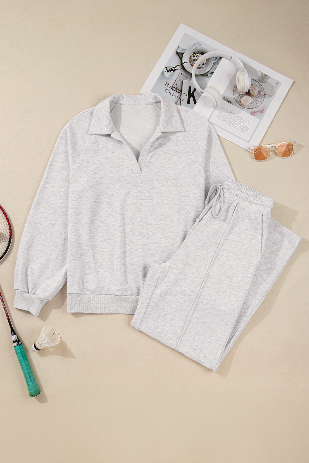 Light Grey Polo Collar V Neck Pullover and Drawstring Sweatpants Set