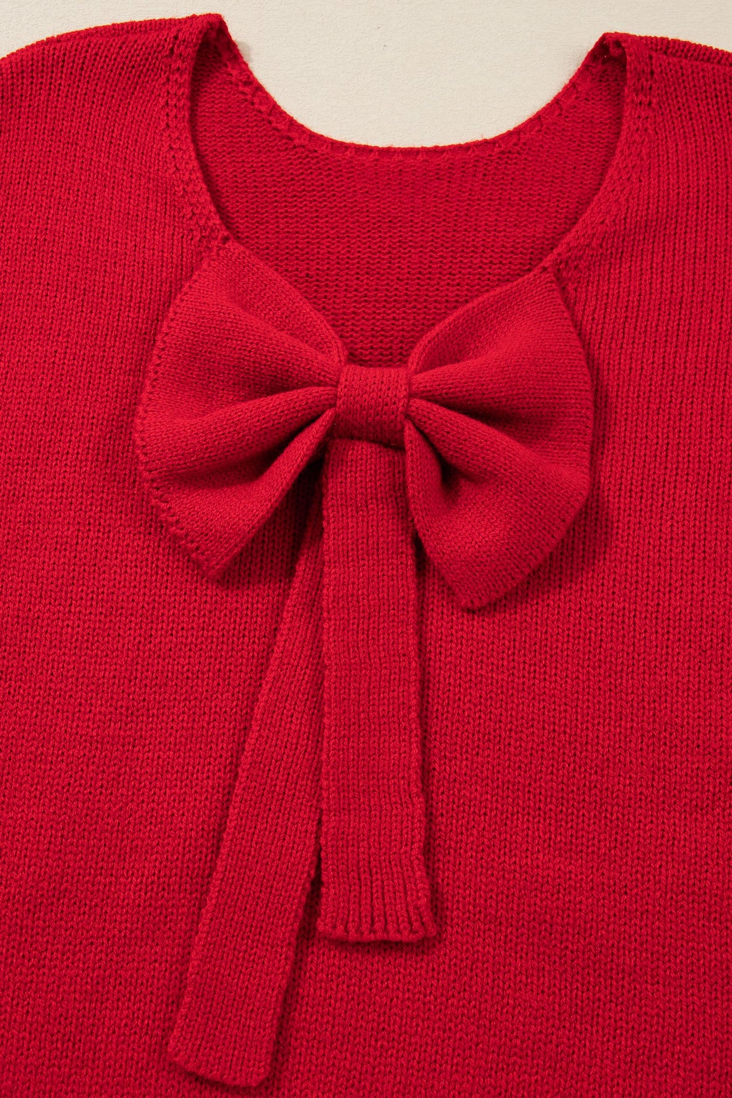 Fiery Red Festive Bow Backless Bubble Sleeve Sweater