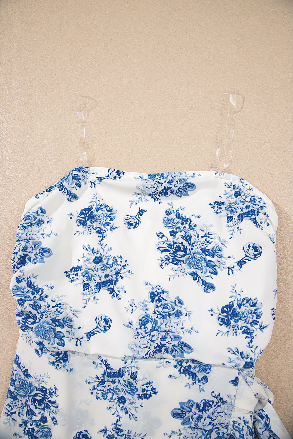 Sky Blue Floral Print Strapless Zipped Back Knot Waist Ruffled Romper