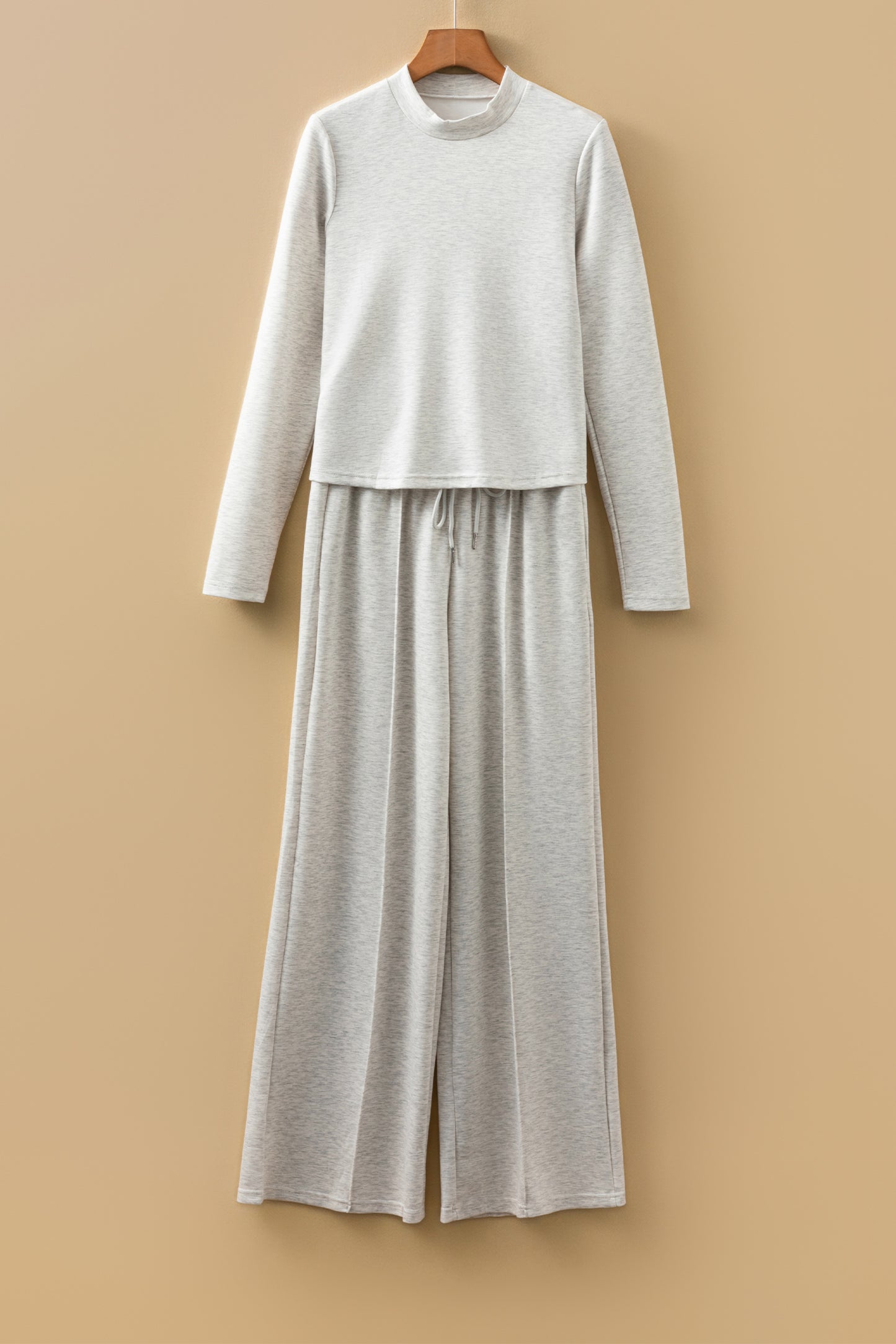 Light Grey Long Sleeve High Neck Slim Top Smocked Waist Central Seam Pants Set