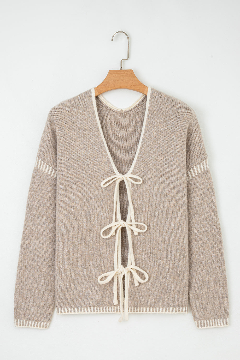 Pale Khaki Tied Front Drop Shoulder Chunky Casual Cardigan