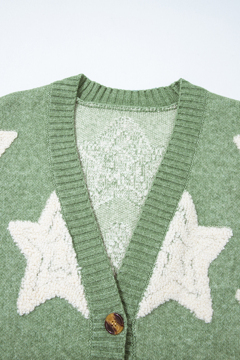 Green Sherpa Star Pattern Textured Sweater Cardigan with Pockets