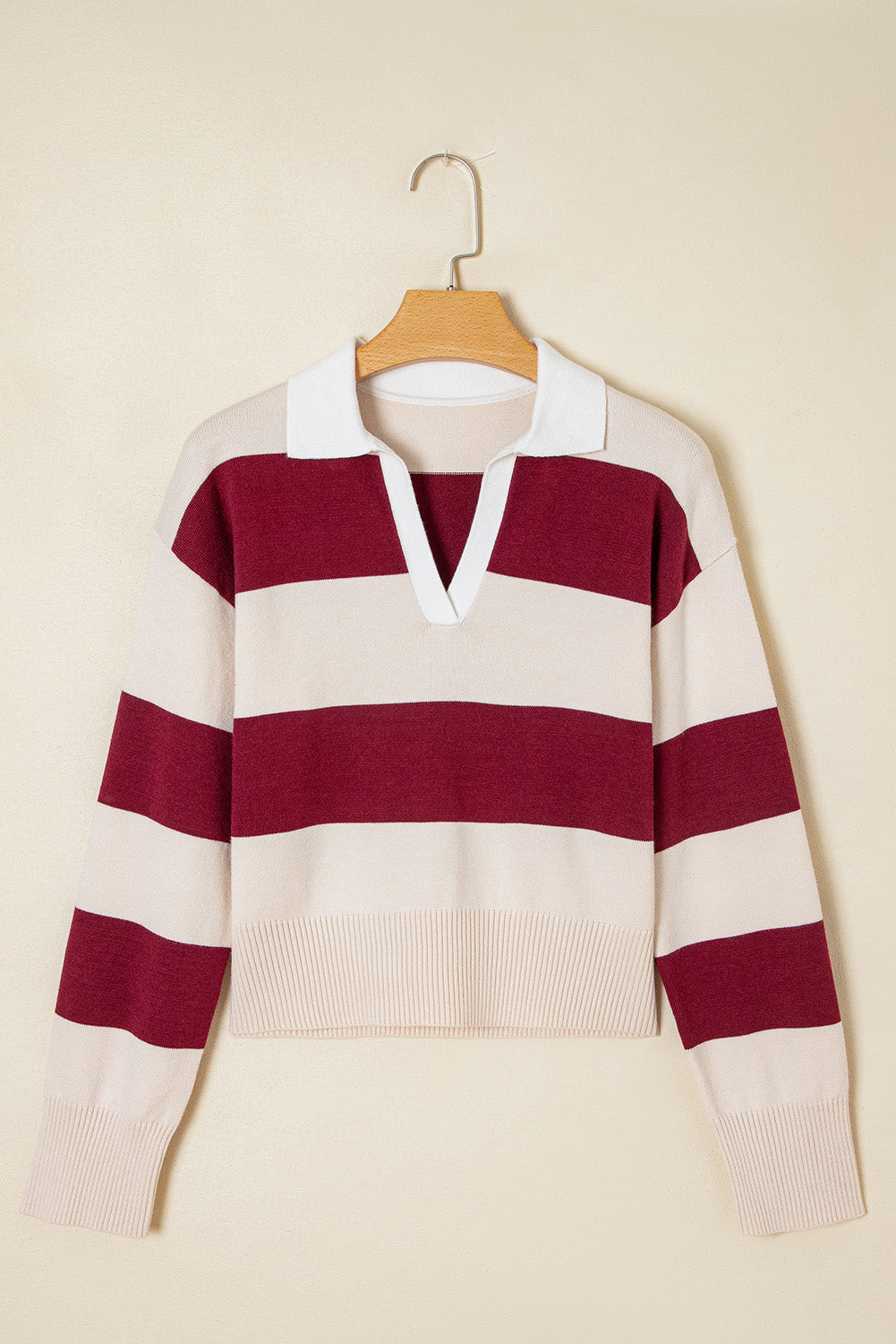 Brown Ribbed Trim Color Block Knitted Polo Collar Sweater