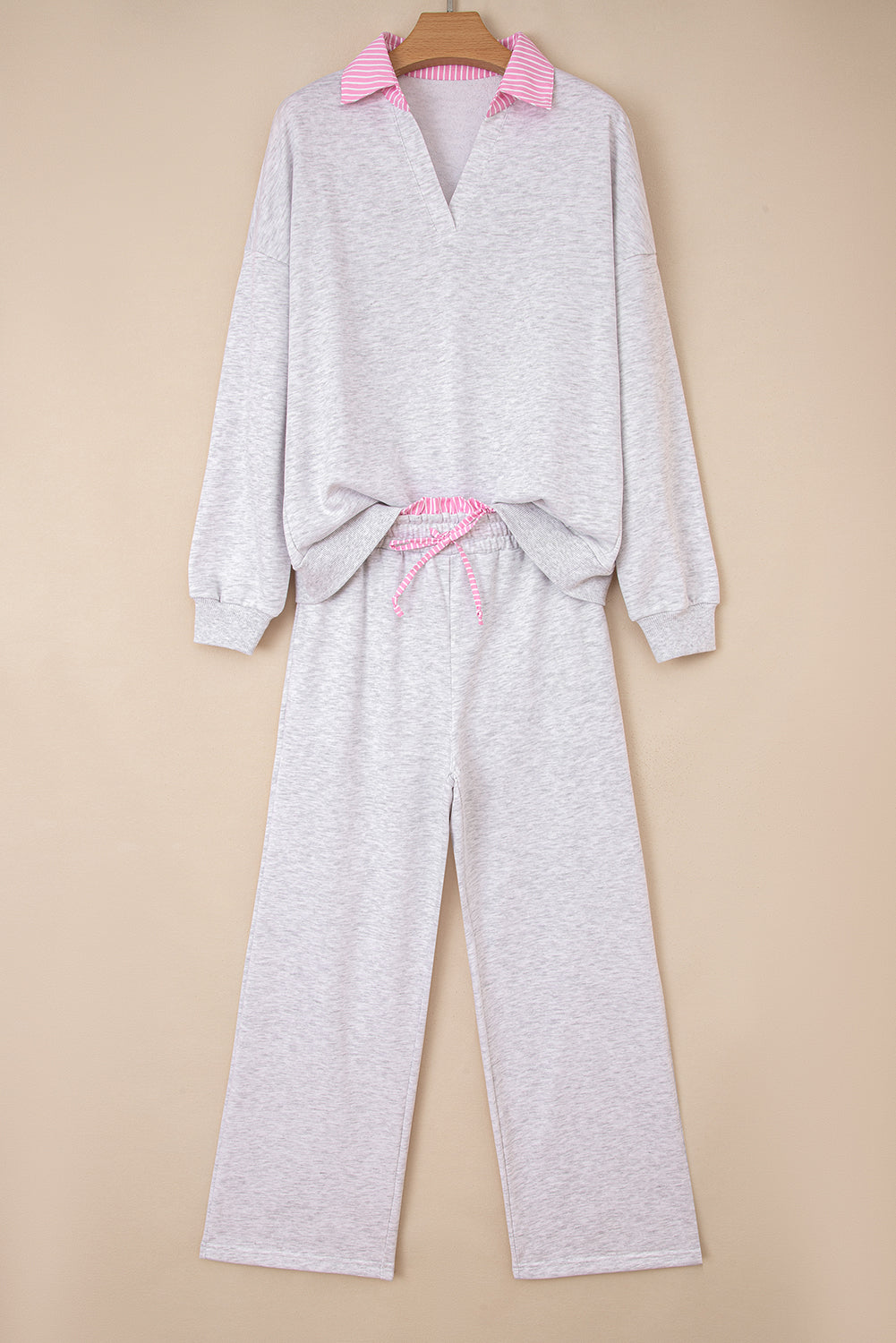 Light Grey 2pcs Contrasted Trim Frilled Collar Drop Shoulder Pullover Drawstring Pant Set