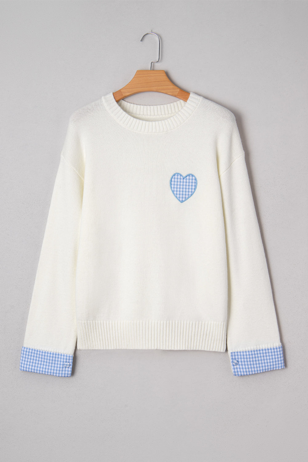 White Plaid Heart Embroidered Cuffed Drop Shoulder Crew Neck Sweater