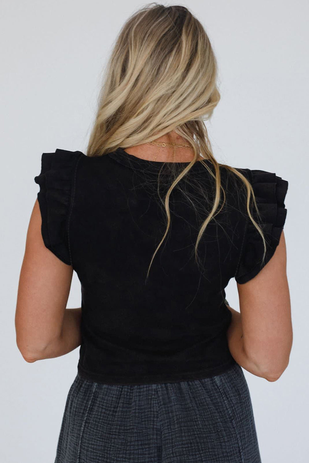 Black Ruffled Crew Neck Slim Fit Top
