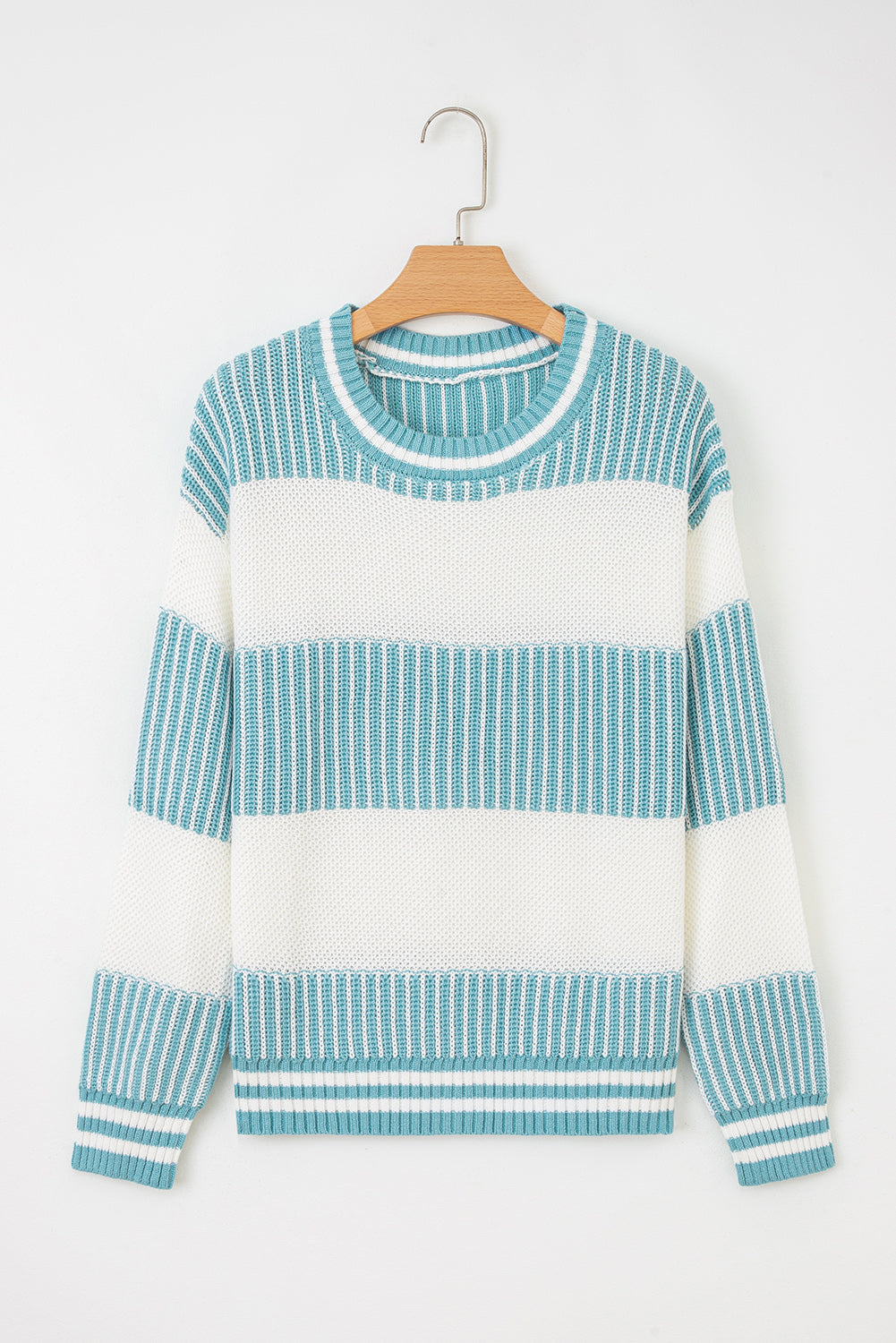 Light Blue Two Tone Striped Patchwork Drop Shoulder Loose Sweater